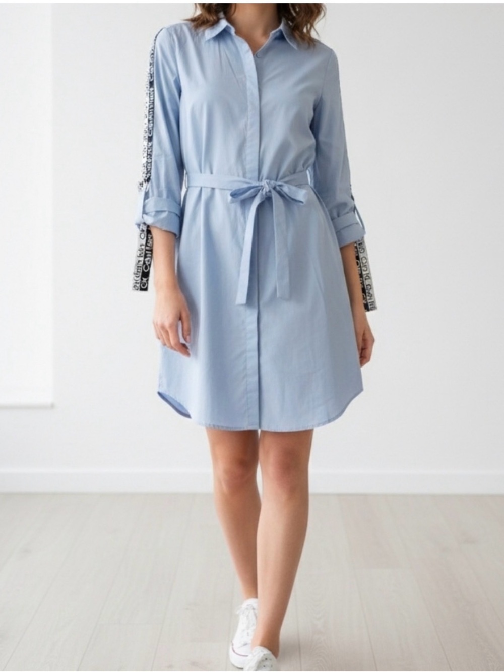 Calvin Klein Light Blue Tie-Waist Shirt Dress with Logo Trim